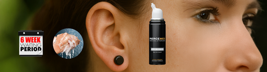 side of woman's face, ear is visible, she has a black glass plug in her earlobe. 3 separate pictures are layered on top to show how to switch jewelry safely, 6 week waiting period, cleaning hands and saline spray