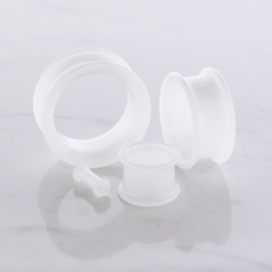 Translucent White Glass Double Flare Tunnels – 8G–5/8" | 5/16" Wearable