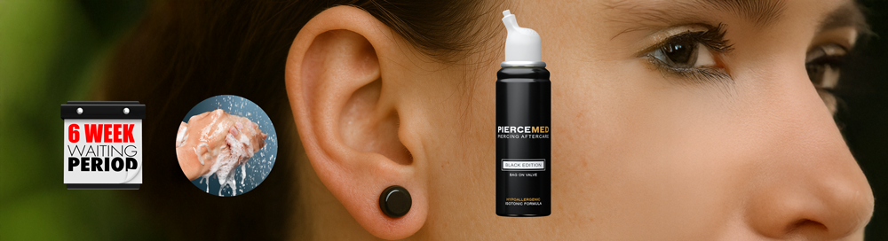side of woman's face, ear is visible, she has a black glass plug in her earlobe. 3 separate pictures are layered on top to show how to switch jewelry safely, 6 week waiting period, cleaning hands and saline spray