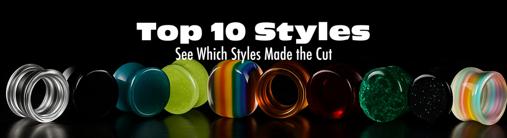 top 10 different borosilicate glass tunnel and plug styles on black ground