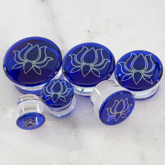 Single Flare Blue Plug with Silver Lotus Decal | Borosilicate Glass Jewelry
