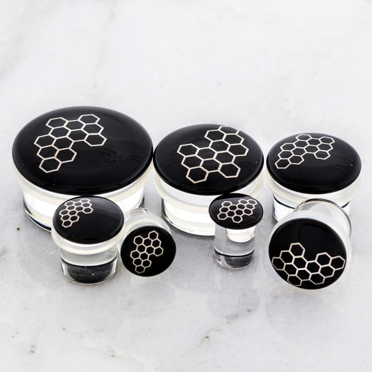 Single Flare Black Glass Plug w/ Silver Honeycomb Decal – 7/16"–1"