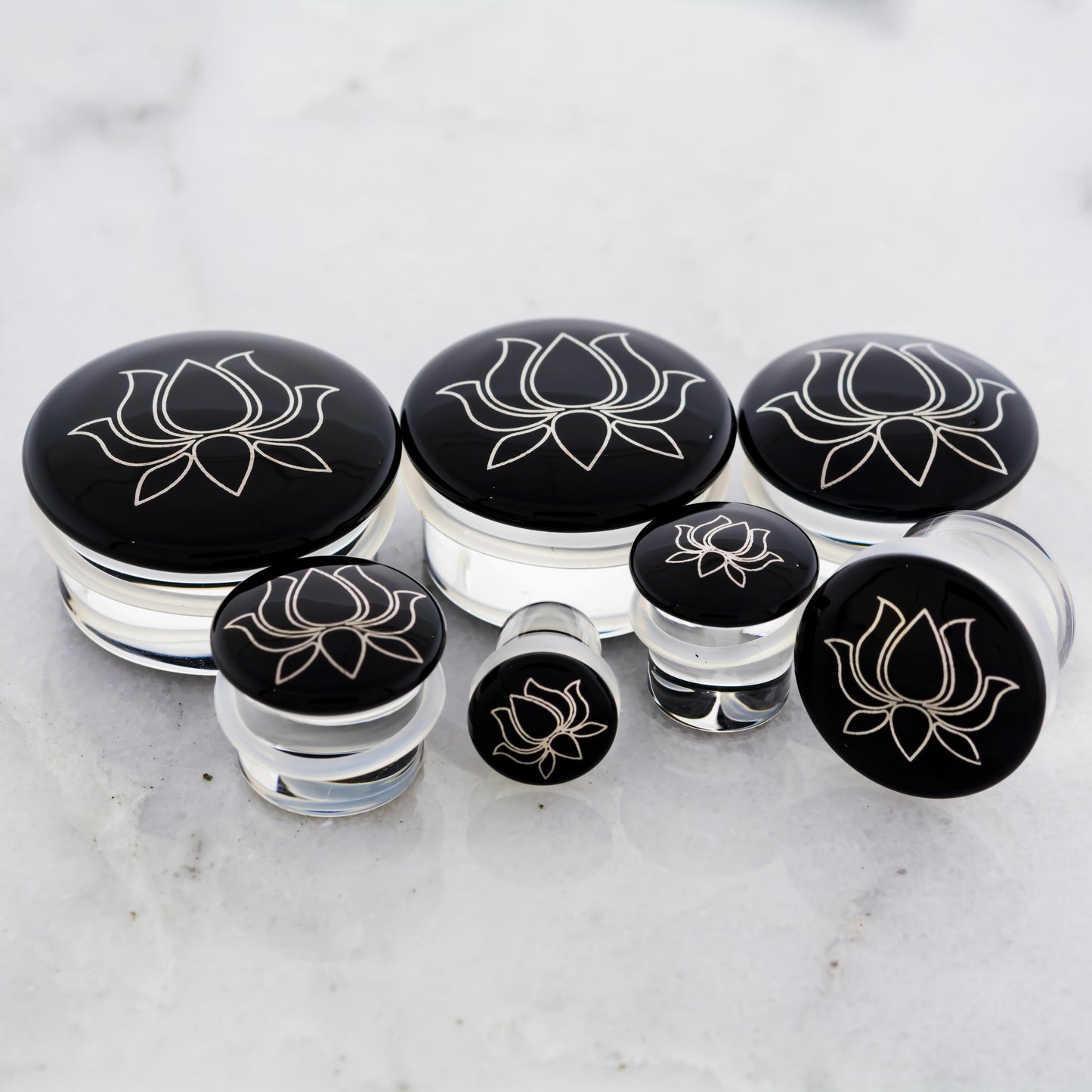 Single Flare Black Plug with Silver Lotus Decal | Borosilicate Glass Jewelry