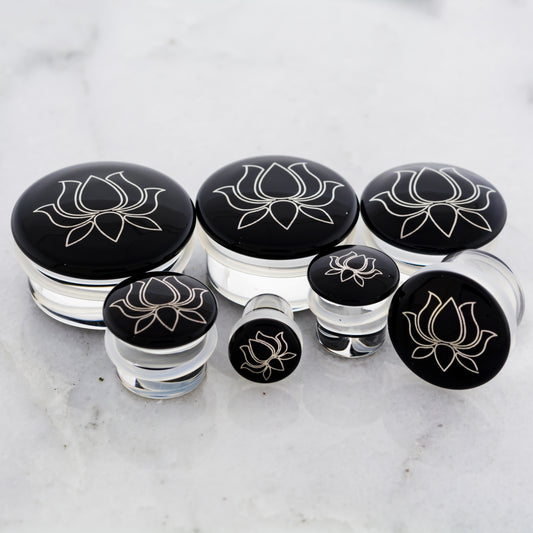 Single Flare Black Plug with Silver Lotus Decal | Borosilicate Glass Jewelry