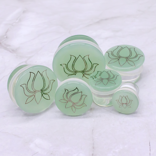 Single Flare Color‑Front Plug with Silver Lotus Decal | Borosilicate Glass Jewelry