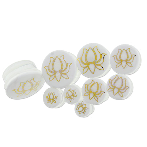 White Glass Plugs w/ Gold Lotus Design – Single Flare | 0G–1"