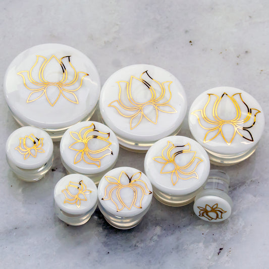 White Glass Plugs w/ Gold Lotus Design – Single Flare | 0G–1"